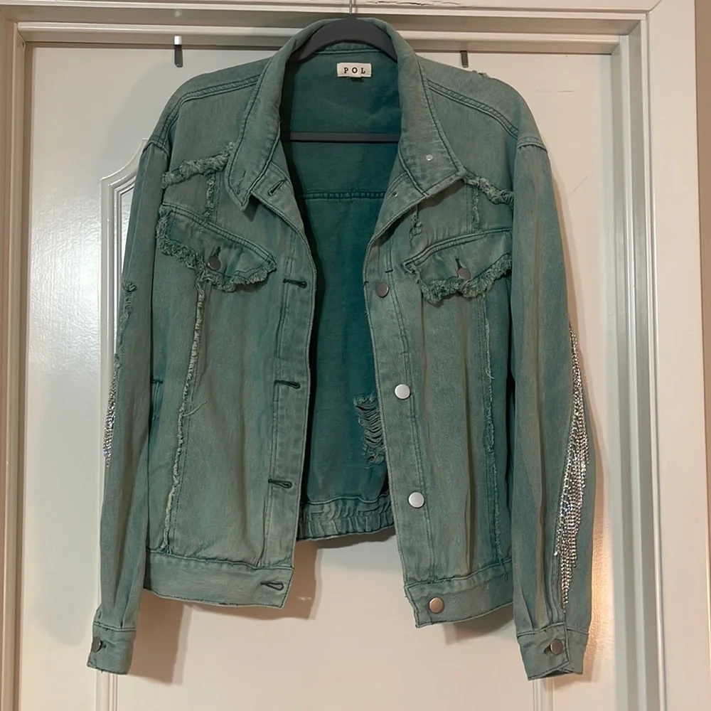 POL Green Denim Rhinestone Fringe Jacket - Picture 1 of 3